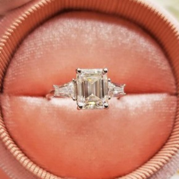 14K White Gold Trilogy 3 Carats Emerald & Tapered Moissanite Engagement Ring - Picture 3 of 13